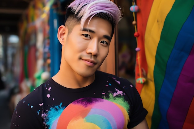 LGBTQ gej w zwykłej czarnej koszulce stojący obok tęczowej ściany Ilustracja zdjęciowa Azji