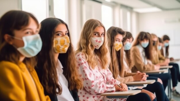 licealni uczniowie w szkole noszący maskę na twarz
