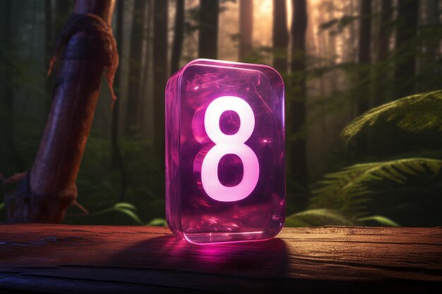 Liczba 8 w przezroczystej kostce na drewnianym stole w lesie