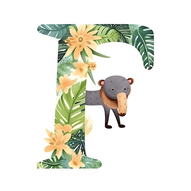 Liczba F z uroczym hipopotamem i tropikalnymi kwiatami Ilustracja wektorowa
