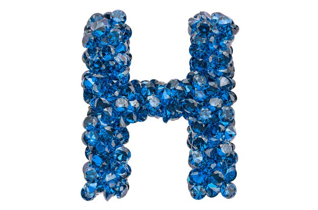 Liczba H z niebieskich diamentów lub szafirów z błyszczącym cięciem 3D wyizolowanym na białym tle