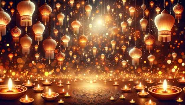 Liczne latarnie Diwali wznoszą się, emitując ciepły i jasny blask.