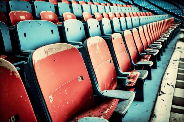 Liczne rzędy niebieskich i czerwonych siedzeń na trybunie na pustym stadionie