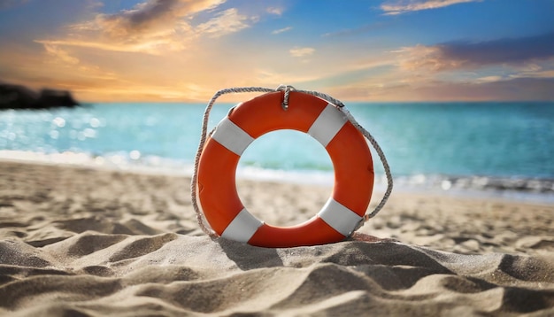 Zdjęcie lifebuoy na piaszczystej plaży symbolizuje pomoc i wsparcie w wyzwaniu życia