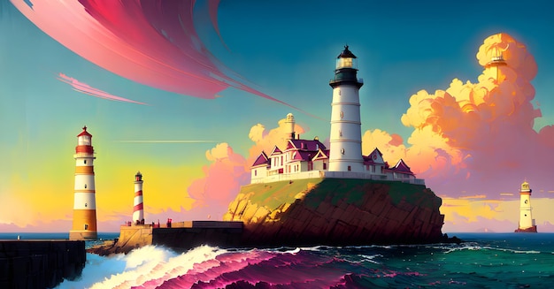 Light house Morze Ocean Tło Krajobraz dla książek dla dzieci ilustracje obrazy Generative AI concept