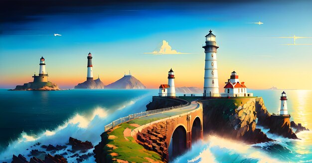 Light house Morze Ocean Tło Krajobraz dla książek dla dzieci ilustracje obrazy Generative AI concept