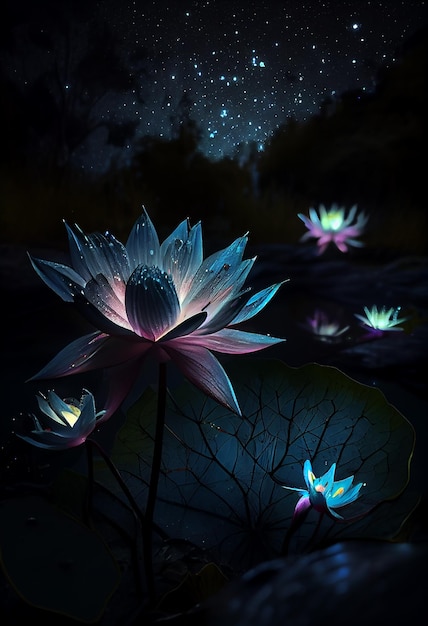 Lilia wodna i księżyc w ilustracji gwiaździstej nocy