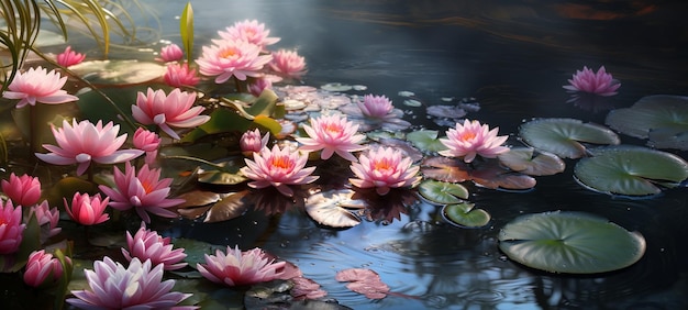 lilia wodna na jeziorze odbicie wody drzewa w lesie dziki lotos o zachodzie słońca