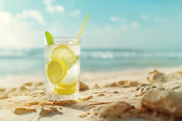 Limonada w szklance na piaszczystej plaży na morskim tle