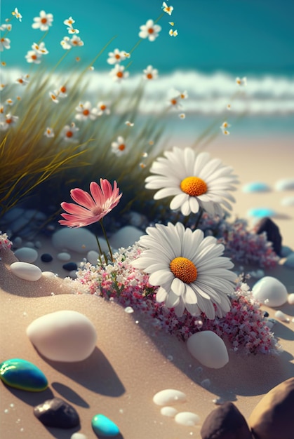 Linia brzegowa Morza kwiaty rumianku na tle surfowania pływających pod motyle Piasek morski i kwiaty krajobrazu
