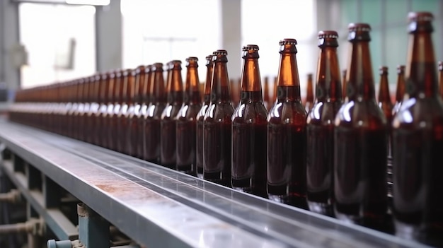 Linia do produkcji napojów z Generative AI, przenośnikiem browarniczym, wyrafinowaną linią produkcyjną i brązowymi szklanymi butelkami piwa
