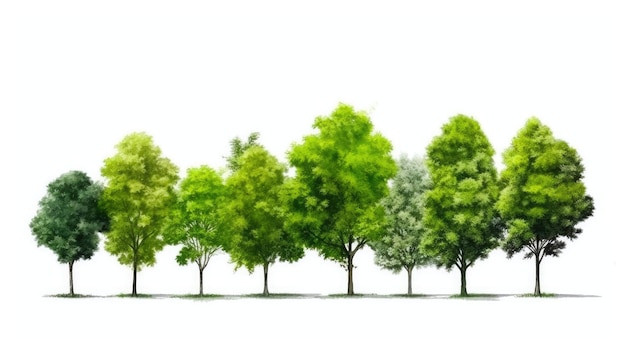 Linia drzew z zielonymi liśćmi i drzewami słownymi na dole.