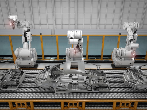 Linia Montażowa Robotów Renderujących 3d W Fabryce Samochodów