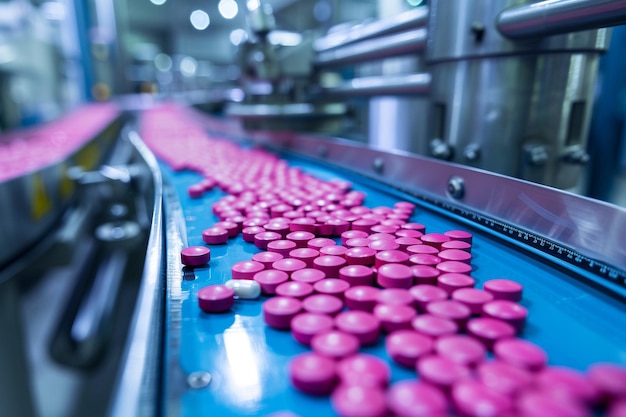 Linia produkcyjna farmaceutyczna z różowymi pigułkami z wygenerowaną sztuczną inteligencją
