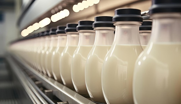 linia produkcyjna przemysłu mleczarskiego z butelkami mleka w stylu beżowym