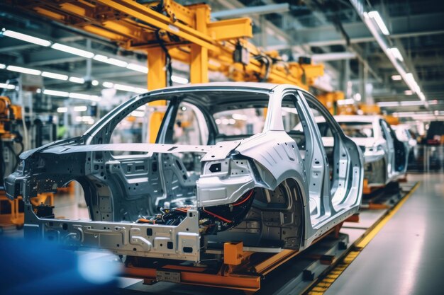 Zdjęcie linia produkcyjna samochodów zmontowanie samochodu na taśmie przenośnej zbliżenie nadwozia samochodu przemysł motoryzacyjny wnętrze fabryki wysokiej technologii nowoczesna produkcja