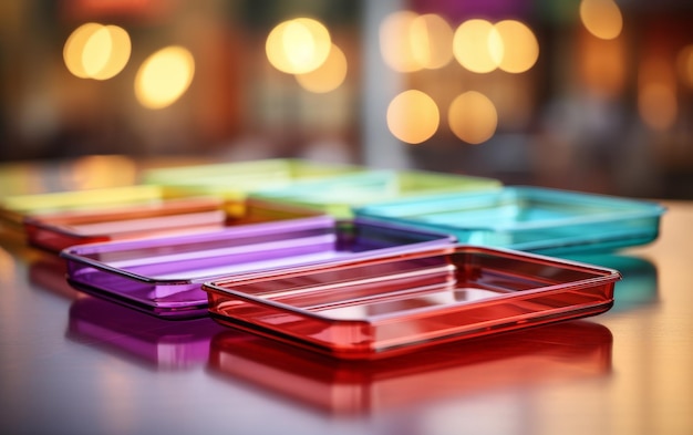 Linia tętniących życiem plastikowych tacek porządnie ułożonych na drewnianym stole tworząca kolorowe i uporządkowane di