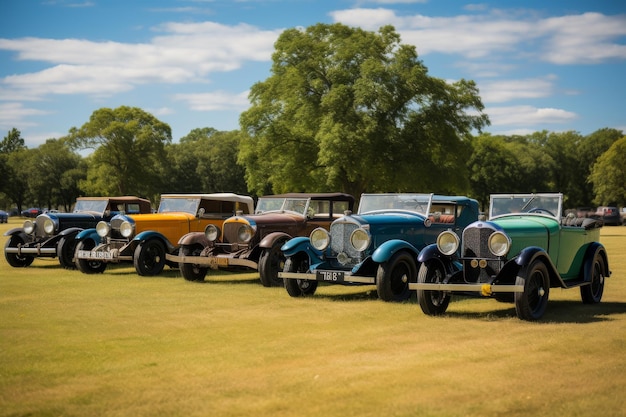Linia vintage klasycznych samochodów w słoneczny dzień