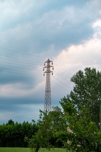 Linia wysokiego napięcia na tle nieba i drzew