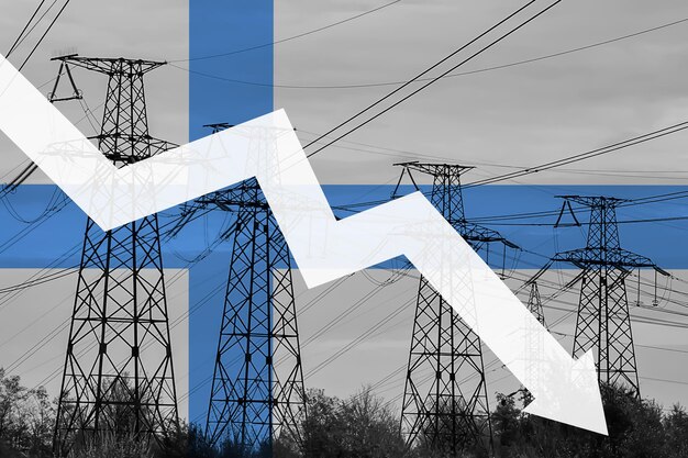 Linia zasilania i flaga Finlandii Kryzys energetyczny Koncepcja globalnego kryzysu energetycznego
