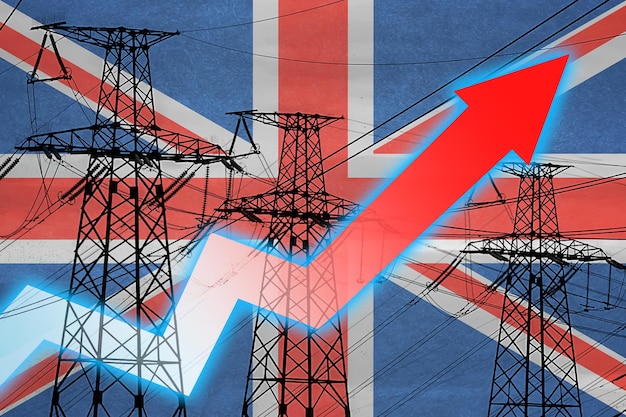 Linia zasilania i flaga Wielkiej Brytanii Kryzys energetyczny Koncepcja globalnego kryzysu energetycznego