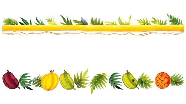 Linie bananów, kokosów i mango Kolory tropikalne i Vi Akwarele Art 2D Flat Header Footer