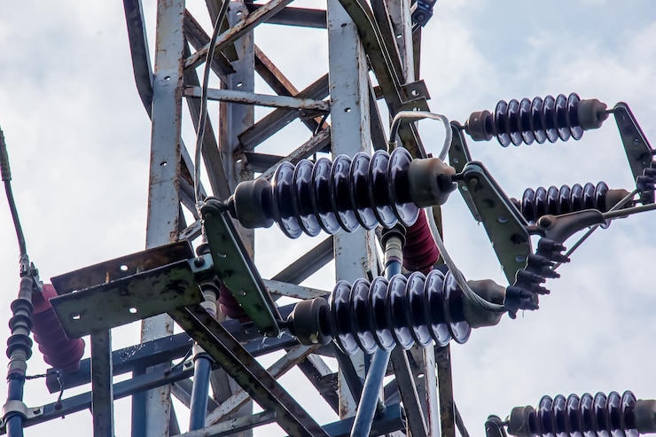 Zdjęcie linie elektroenergetyczne wysokiego napięcia w elektrowni wodnej w mieście nitra na słowacji szczegóły