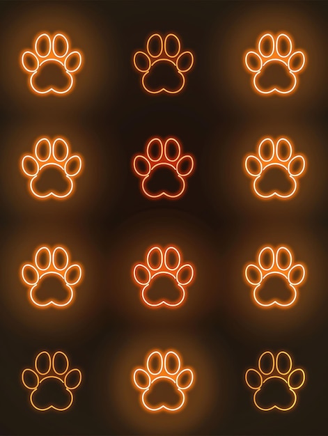 Zdjęcie linie ikon drukowanych łapami z świecącą luminescencją w kształcie neonowej konstrukcji y2k