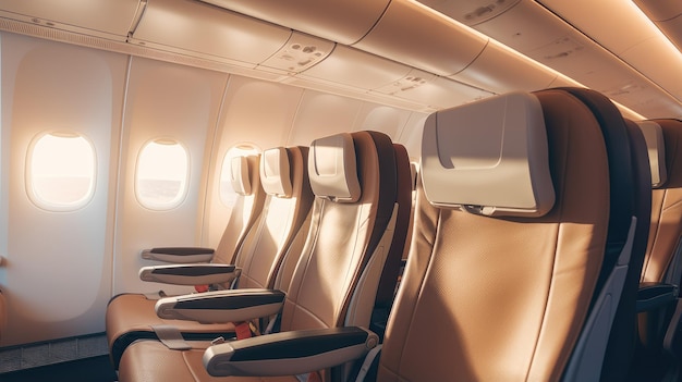 Linie lotnicze w nowoczesnym designie Comfort i komforcie pasażera kabiny samolotu pasażerskiego w porannym świetle