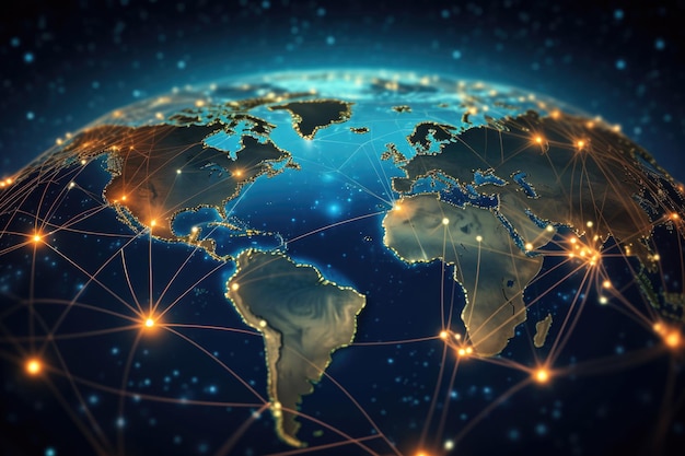 Linie połączeń telekomunikacyjnych i transmisji danych na mapie świata Generative AI