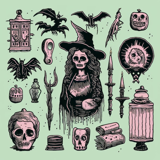 Linocut Pastel Goth Halloween Witchcraft Clipart Kolekcja