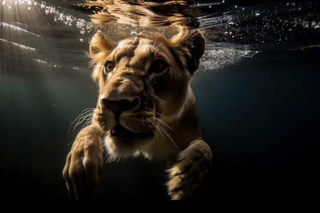 Lion nurkuje pod wodą Beautiful illustrationobraz Generative AI