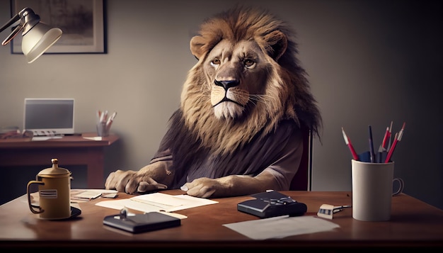 Lion's Head w garniturze siedzi za biurkiem pracując w biurze zajmującym się profesjonalizmem