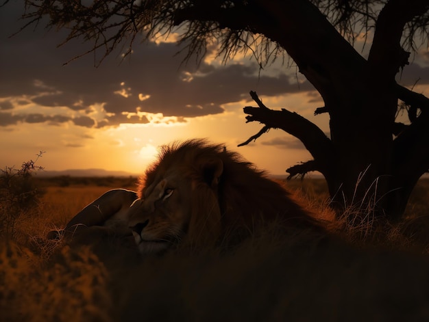 Lion Slumber Spokojny odpoczynek pod niebem Serengeti