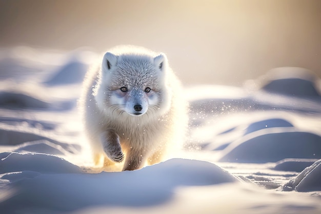 Lis polarny biegnie przez pokryte śniegiem pole, robiąc fale łapami