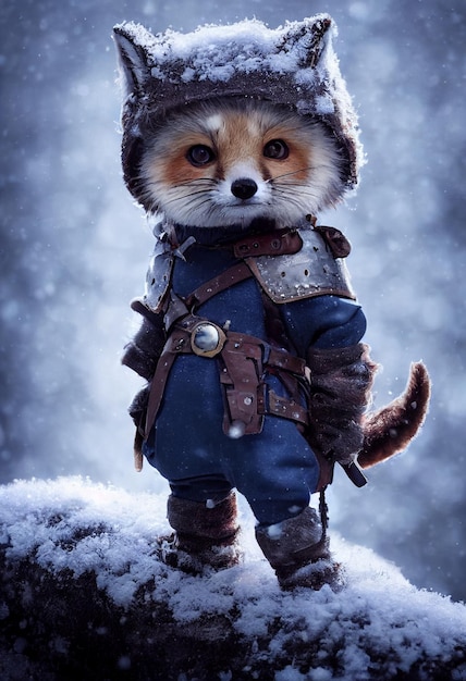 lis ubrany w garnitury awanturników w śniegu