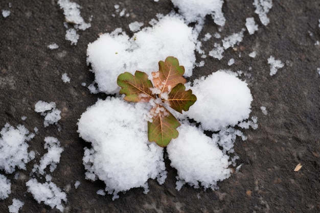 Liść koniczyny częściowo pokryty topniejącym śniegiem, symbolizujący nadejście wiosny