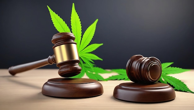 Liść marihuany i młot sędziego dla legalizacji Koncepcja renderowanie 3D