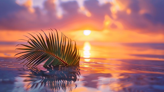 Zdjęcie liść palmy w wodzie przy zachodzie słońca