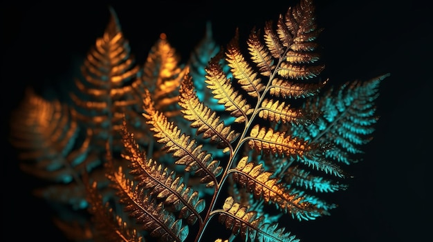Zdjęcie liść paproci oświetlony różnymi kolorami generative ai