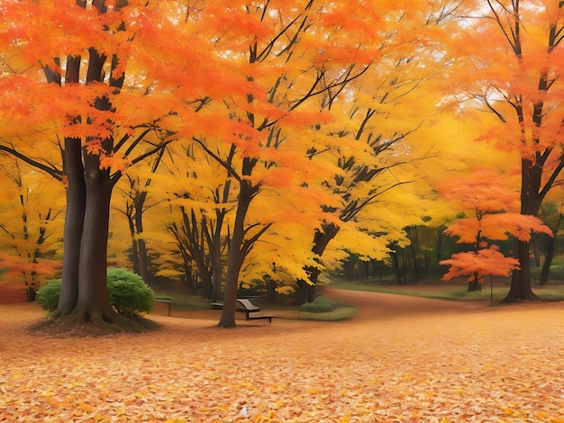 Liściaste gałęzie drzew w żywych jesieniowych kolorach wygenerowanych przez sztuczną inteligencję