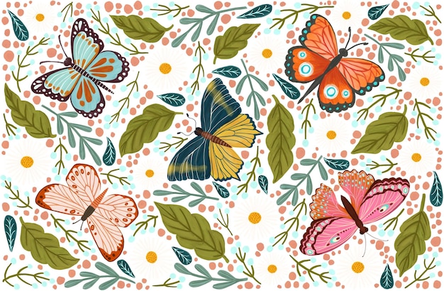Liście i kwiaty motyli imitacja gouache