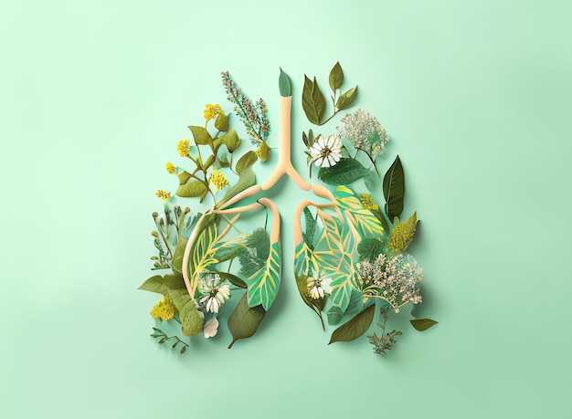 Liście i kwiaty ułożone w kształcie ludzkich płuc drzewo oskrzelowe zdrowe płuca