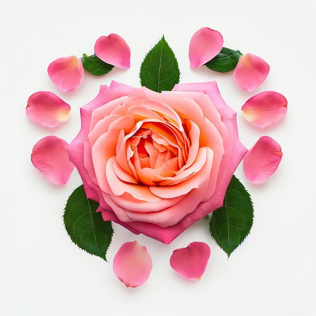 Liście róży tworzące serce Biały tło Generatywna sztuczna inteligencja