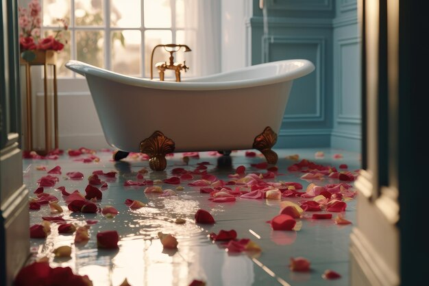 Zdjęcie liście róży w łazience romance generative ai technology