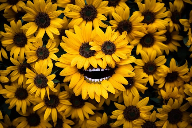 Liście słonecznika tworzą kontur uśmiechniętej twarzy