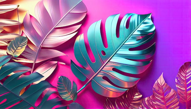 Liście tropikalne i palmowe w jasnych, odważnych kolorach holograficznych Generuj Ai