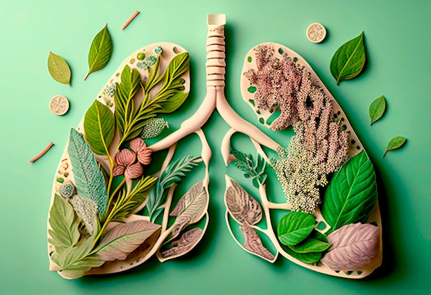 Zdjęcie liście ułożone w kształcie ludzkich płuc drzewo oskrzelowe zdrowe płuca planety ziemia koncepcja medyczna epidemia wirusowa szkoda palenia światowy dzień bez tytoniu generacyjna ilustracja ai ai