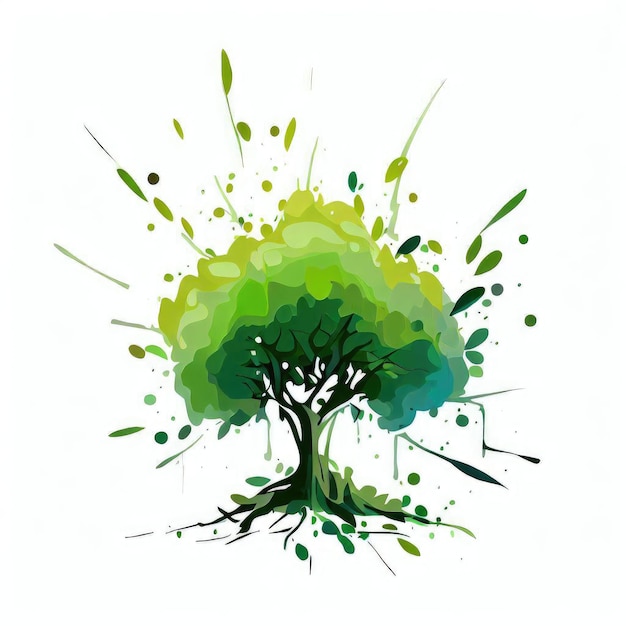 Liście w rozkwicie Akwarela Ilustracja przedstawiająca zielone drzewo Splash Generative AI