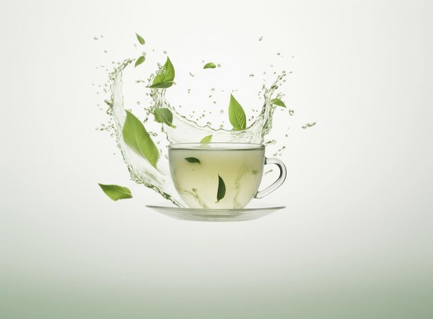 Liście zielonej herbaty w ruchu na białym tle